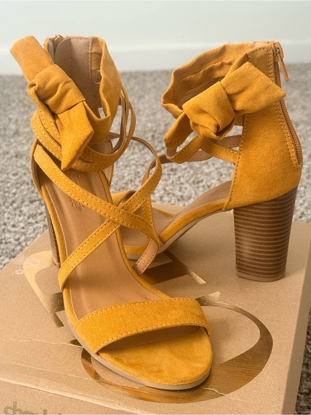 Charlotte Russe Mustard Suede Bow Ankle Strap Block Heels